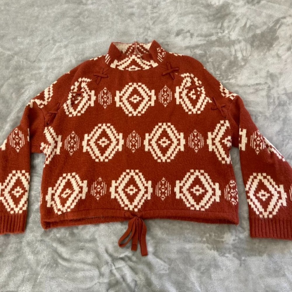No Boundaries Rust Aztec Sweater XXL Mock Neck Cinch Waist Western Boho Knit